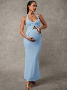 MaterniChic 2pcs/Set Solid Color Maternity Twist Front Sleeveless Tank Top And Adjustable Waist Midi Skirt Set Baby Shower Maternity Dress For Photoshoot - Blue - View 4