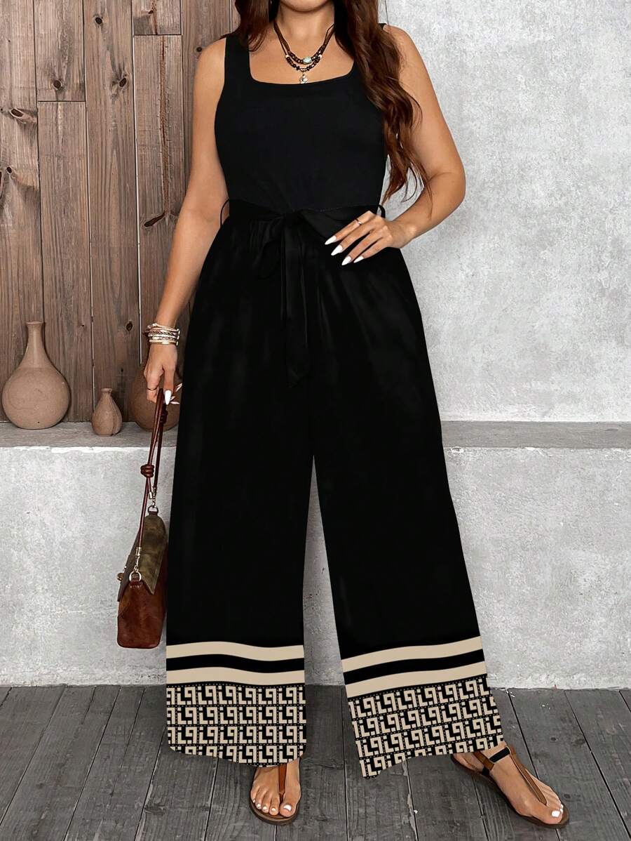 SHEIN LUNE Classic Geometric & Leopard Print Loose Casual Plus Size Jumpsuit, Suitable For Autumn/Winter - Black - View 1