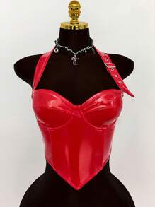 Amplova 女式简约修身休闲金属腰带装饰露背短款上衣