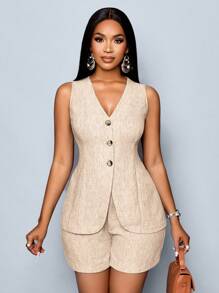 SOLERSUN Women Casual Solid Button Front Vest Blazer & Shorts - Apricot - View 7