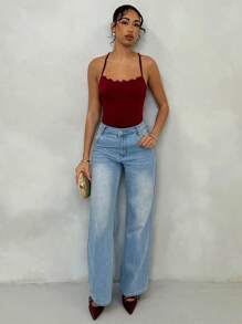 Glamine Women's Burgundy Knitted Bodysuit With Spaghetti Straps, Lace Detail, And Ruffle Neck - Burgundy - View 5