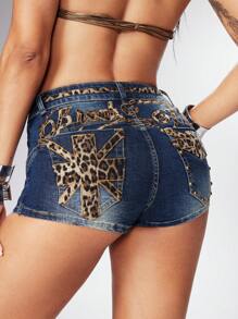 ROMWE Grunge Punk Damen Kpop Y2K Leopard Muster bestickte Super Tief Taillierte Mini Denim Shorts, für Musikfestivals/Konzerte - Blau - Übersicht 6