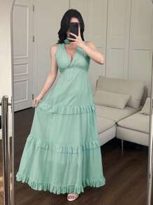 Modelyn Women's Elegant Solid Color Ruffle Hem Sleeveless Dress - Green - View 5