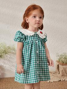 Blossori Baby Girls' Spring/Summer French Elegant Green Plaid Dress