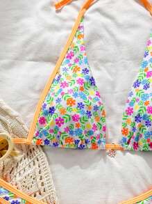 SHEIN Swim Summer Floral Print Bikini Set, Consisting Of Top With Flower Decor & Triangle Swim Trunks