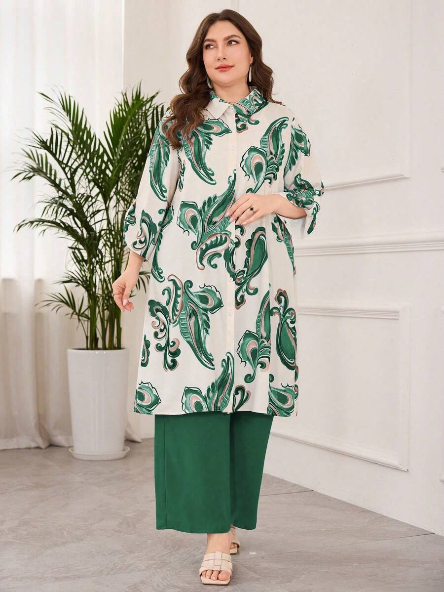 Lacomfia Elegant Style Digital Print Plus Size 2pcs Set - Green - View 1