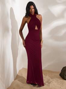 Opulessa Solid Color Knitted Halter Backless Bodycon Slit Dress For Women Dresses For Wedding Event