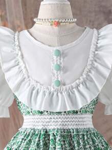 1pc Ruffle Trim Short Sleeve Blouse Patchwork Ditsy Floral Crochet Lace Bohemian Dress For Tween Girls - Green - View 4