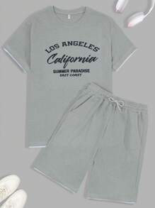 RueChic Ensemble de t-shirts réguliers pour hommes en tissu gaufré avec détails de patchs et impression de lettres