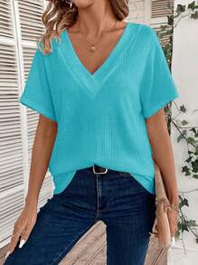 SHEIN LUNE Women Solid V-Neck Short Sleeve Casual Loose T-Shirt - Mint Blue - View 5