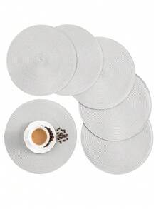 SHEIN 12pcs/Set Silvery Wheat Placemat 15inch Round, PVC Material 3.94inch Round Hollow Cup Coaster, Washable, Easy To Clean, Wipe, Anti-Slip, Heat Resistant, For Room Decor, Dining Tabl