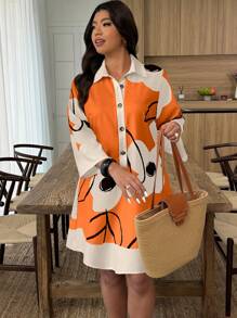 大码女式花卉印花长袖休闲衬衫裙 - 彩色 - 查看 4