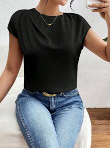 Chiquease Elegant Pleated Shoulder Poplin Shirt - Black - View 5