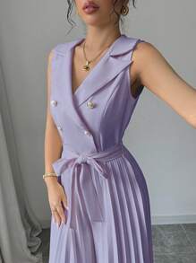 Elenzga Women's Elegant Light Purple Double-Breasted Design Pleated Jumpsuit, Spring/Autumn - Mauve Purple - View 5