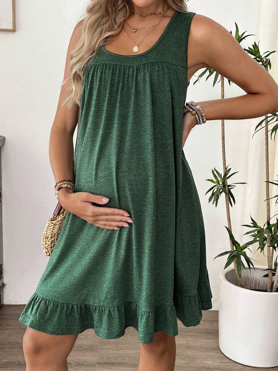 SHEIN Maternity Solid Color Round Neck Ruffle Hem Sleeveless Casual Dress - Dark Green - View 1