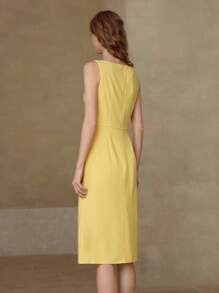 MOTF PREMIUM 编织女士褶饰立体花朵纯色连衣裙，情人节装 - 黃色 - 查看 5