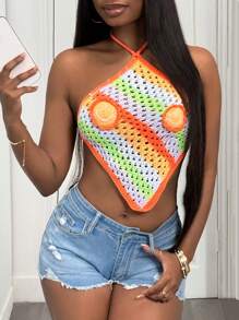 Slaydiva 2025 Nouveau Top court d'été en tricot pour femmes, style loisirs vacances, décontracté, col ras-du-cou, emmanchure en V, sans manches, rayures arc-en-ciel, décoration ronde souriante en 3D - Multicolore - Voir 5