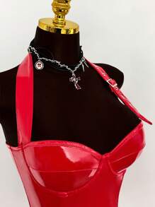 Amplova 女式简约修身休闲金属腰带装饰露背短款上衣