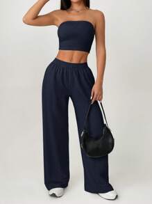 SHEIN PETITE Women's Solid Color Casual Trousers Two Pieces Set - Navy Blue - View 5