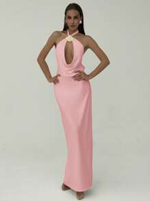 Aloruh Romantic Date, Spring/Summer Vacation Halter Hollow Out Shell Decor Bodycon Backless Dress For Ladies - Pink - View 5