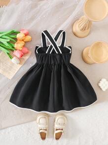 SHEIN 女婴优雅纹理面料对比蝴蝶结连衣裙 - 黑色 - 查看 2
