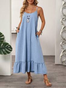 Breezaya 女式休闲宽松荷叶边下摆细肩带牛仔连衣裙