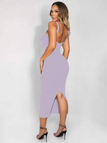 Sirith Seamless Knit Black Mid-Length Dress With Built-In Jumpsuit - Mauve Purple - View 3