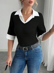 Elenzga 大码拼色拼接休闲商务女式 Polo 衫短袖 T 恤