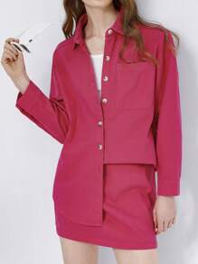 Aveloria Affinna 2 pezzi/set Camicia con colletto a risvolto e gonna casual stile jeans effetto rosa rosso, stile Y2K, versatile, manica lunga, per strada
