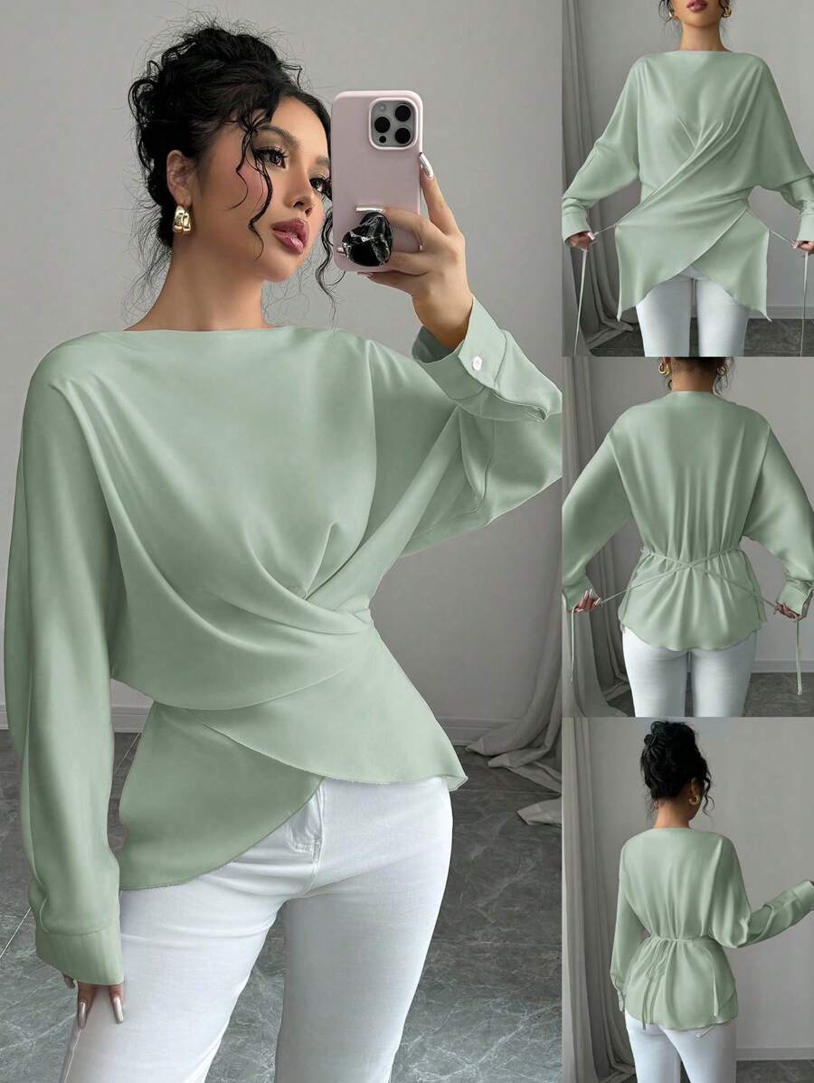 Elenzga Women's Autumn/Winter Off-Shoulder Long Sleeve Loose Fit Cross-Front Tie Waist Shirt Fall Cloth For Women - Mint Green - View 1