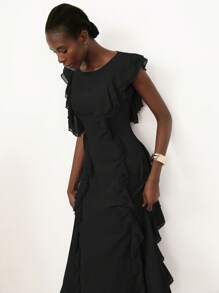 GENKIRA Navy Blue Chiffon Round Neck Layered Ruffle Hem Simple Elegant Versatile Cap Sleeve Dress - Black - View 6