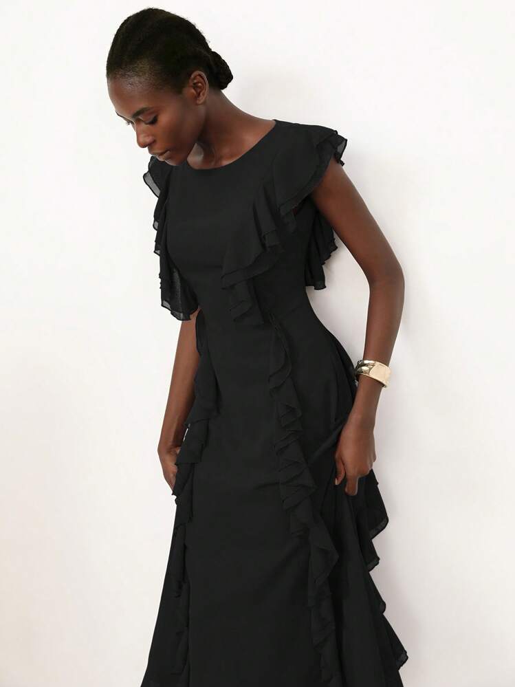 GENKIRA 海军蓝雪纺圆领层叠荷叶边下摆简约优雅百搭盖袖连衣裙 - 黑色 - 查看 6