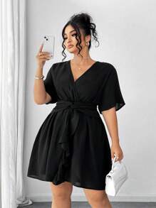 Elenzga 大码性感交叉系带荷叶边下摆迷你雪纺连衣裙 V 领荷叶边袖纯色收腰连衣裙，夏季新款法式扭结修身短袖连衣裙黑色中长连衣裙黑色连衣裙 - 黑色 - 查看 3