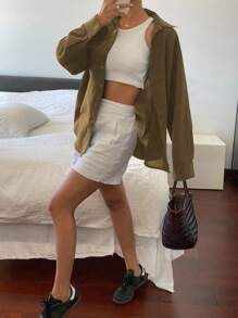 Livesso 纯色休闲百搭宽松长袖翻领口袋女衬衫，春夏亚麻，秋季学院风上衣