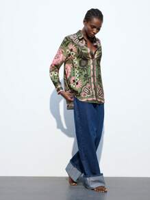Maija Women's Green And Pink Contrast Color Casual Vacation Blouse, Minimalist Floral Print Pattern Long Sleeve Loose Shirt, Romantic And Fashionable, Versatile, Suitable For Vacation, Comfortable Bohemian Style Beach,Women Easter Summer Easter Women Party Top Beach Summer Holiday Beach Vacation Summer Going Out Graduation Casual Blouse Elegant Women's Blouses Casual Blouse For Women Formal Attire For Women Office Wear Women Business - Green - View 6