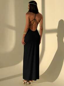 Aloruh 优雅纯色性感露背无袖鸡尾酒会沙滩裙 - 黑色 - 查看 7