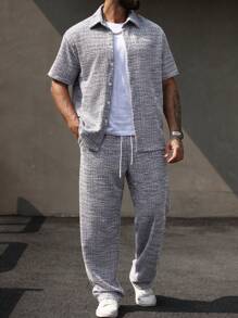 Manfinity CasualCool Plus Size Men's Summer Casual Button-Front Short Sleeve Shirt And Pants Set