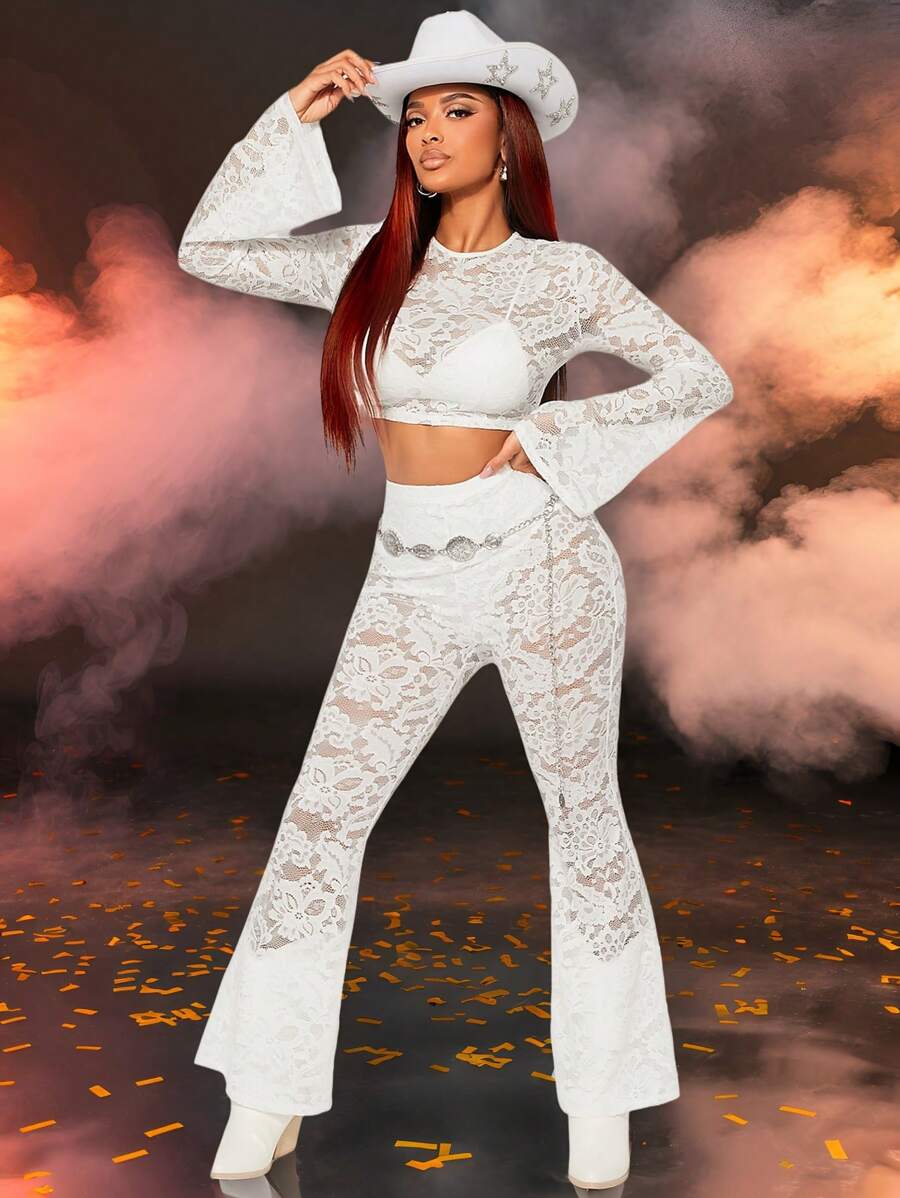 SHEIN SXY 2 件套轻薄透明蕾丝喇叭袖短款上衣和阔腿阔腿裤，适合音乐节、音乐会、休闲外出、派对、生日、夜总会、波西米亚风海滩度假、泳衣罩衫 - 白色 - 查看 1