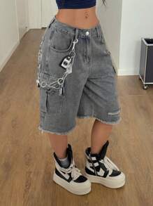 Coolane Casual losse denim shorts met wijde pijpen voor dames met meerdere klepzakken en gerafelde zoom