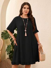 EMERY ROSE Plus Size Women Casual Solid Color Ruffled Hem Dress, Vacation Style - Black - View 6