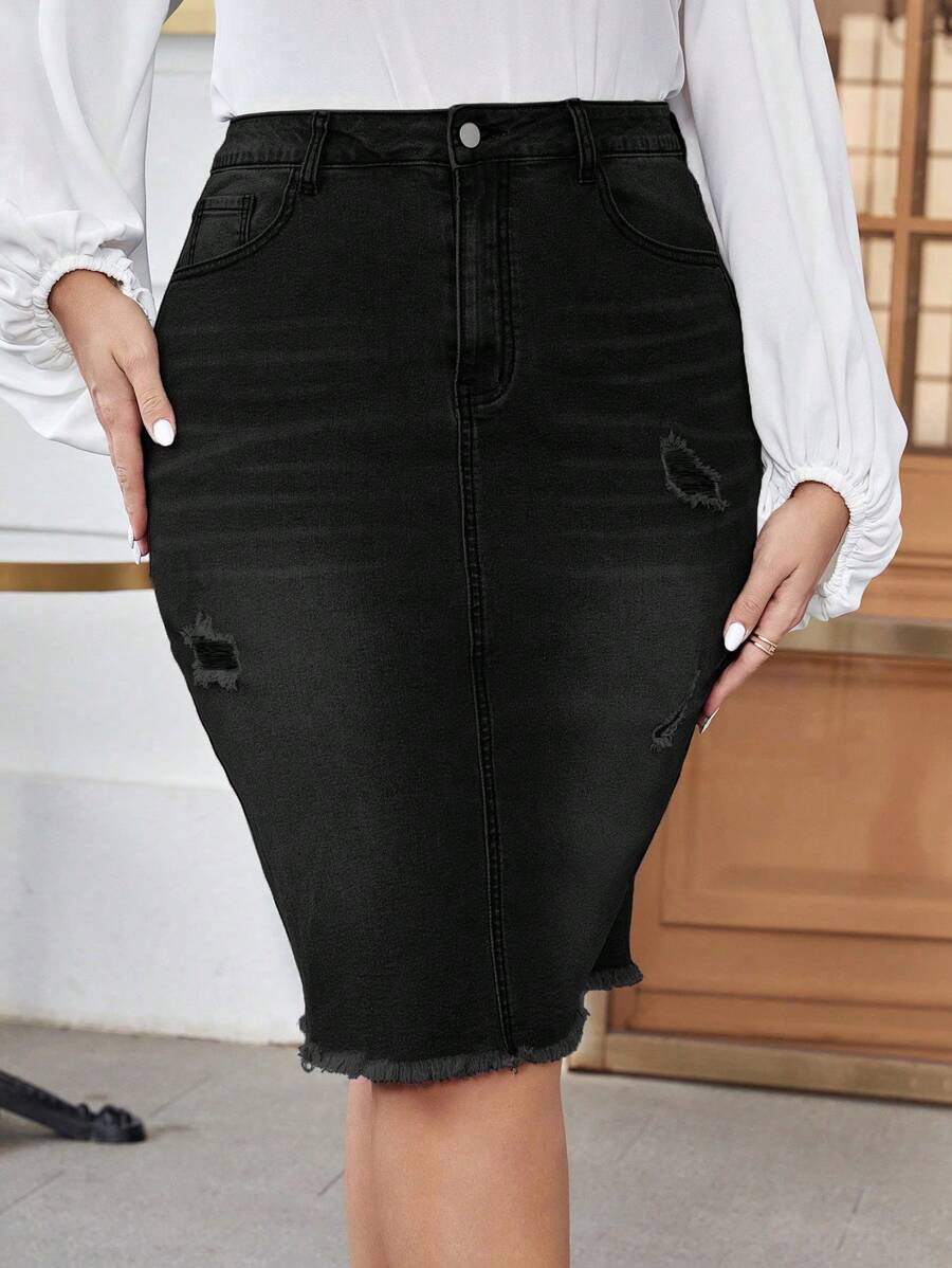 EMERY ROSE Plus Size Distressed Stretch Denim Pencil Skirt - Black - View 1