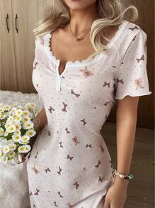 CottageSlumber Lace Patchwork Square Neck, 2-Button, Bear & Bow Print Ribbed Short Sleeve Nightgown Babydoll Holiday Season Bountiful Floral Splendor  Cozy And Elegant Details - Khaki - View 4