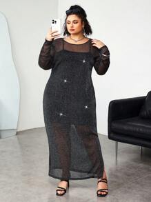 SHEIN CURVE+ Vestido de Body ceñido de talla grande con tirantes finos y malla negra de largo medio para mujeres