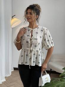 Sunnyshic Plus Size Spring/Summer Romantic Bow Accent Puff Sleeve Tie Front Blouse - Black and White - View 3