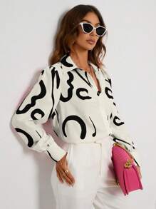 Aveloria Modichic Graphic Print Button Front Shirt Workwear Button Up Shirt Women  - Multicolor - View 4