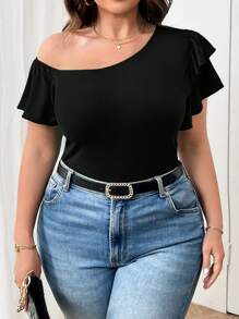 Elenzga Plus Size Women's Casual Versatile Open Shoulder Double-Layer Ruffle Sleeve Tight Fitted Short Sleeve T-Shirt - Black - View 1