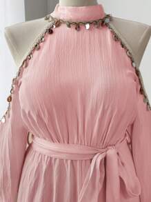 Flirla Plus Size Tie-Up Strap Cold Shoulder Vacation Linen Feel Maxi Swing A-Line Elegant Beach Dress For Women - Pink - View 6