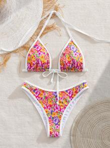 Swim Vcay Ladies' Spring/Summer Beach Sexy Flower Print Random Neck Hanging High Cut Pants Bikini Set - Multicolor - View 5