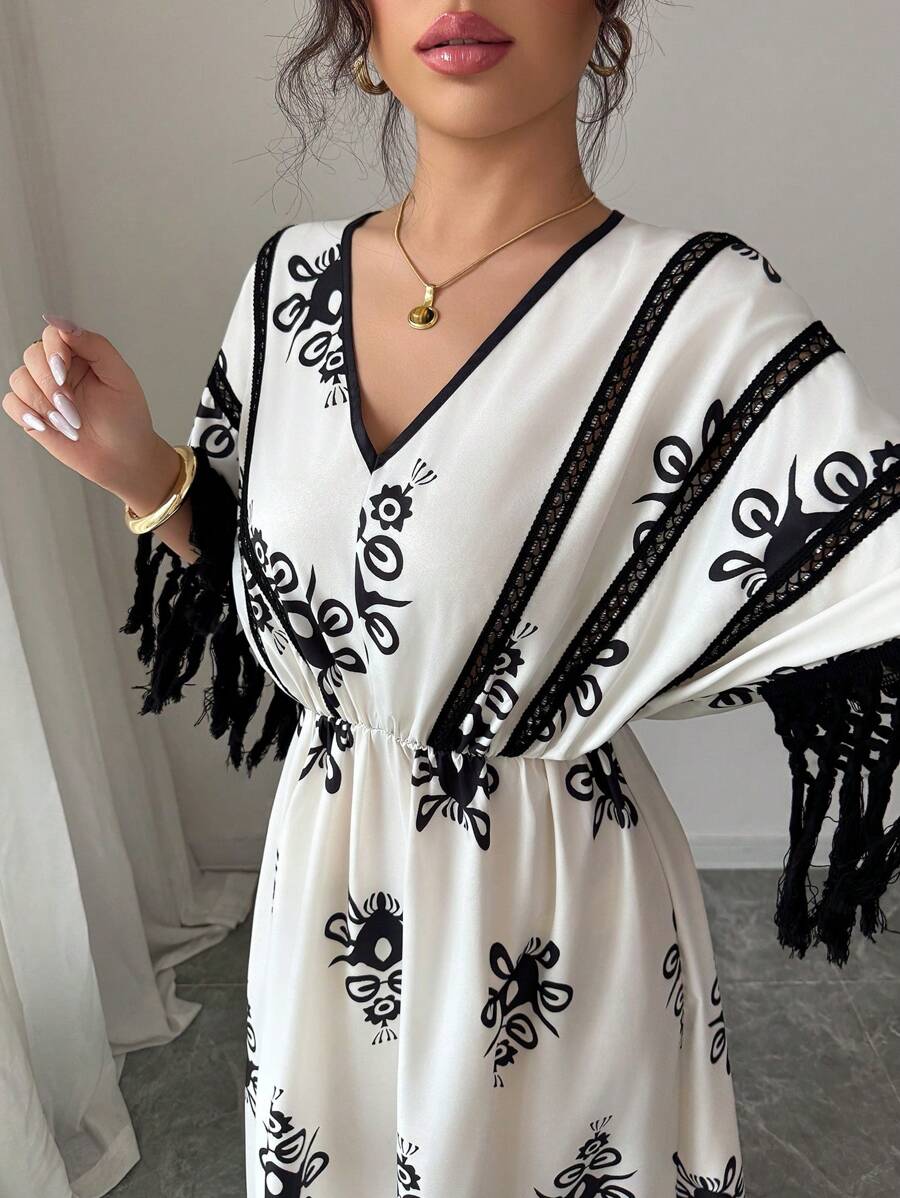 Chiquease Women's Printed Contrast Color Lace Hem Maxi Dress, Casual & Stylish, Suitable For Daily Wear, Boho Style, Vacation, Fringe, Music Festival
