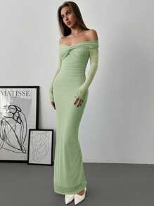 Aloruh Off Shoulder Mesh Twist Ruched Dress With Long Sleeve, Romantic For Date - Green - View 3
